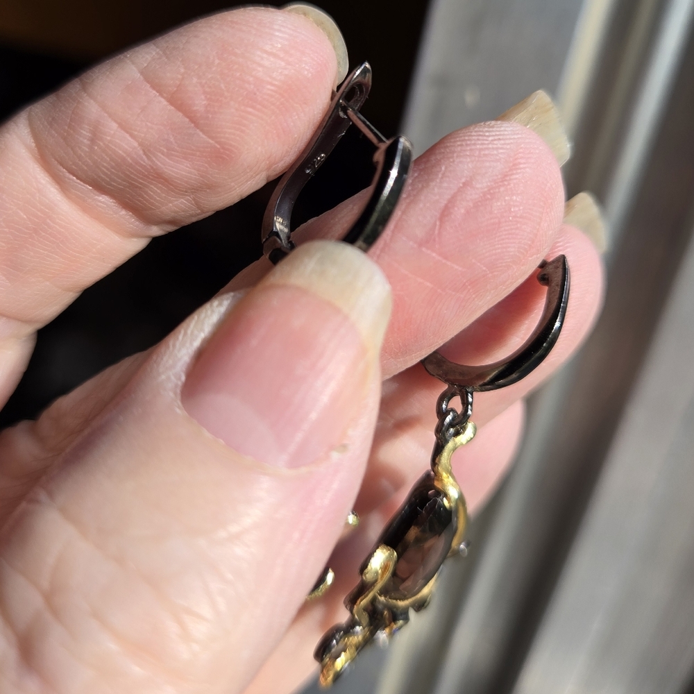Smokey Quartz & Sapphire Sterling Gold & Rhodium Octopus π Earrings - Picture 6 of 7